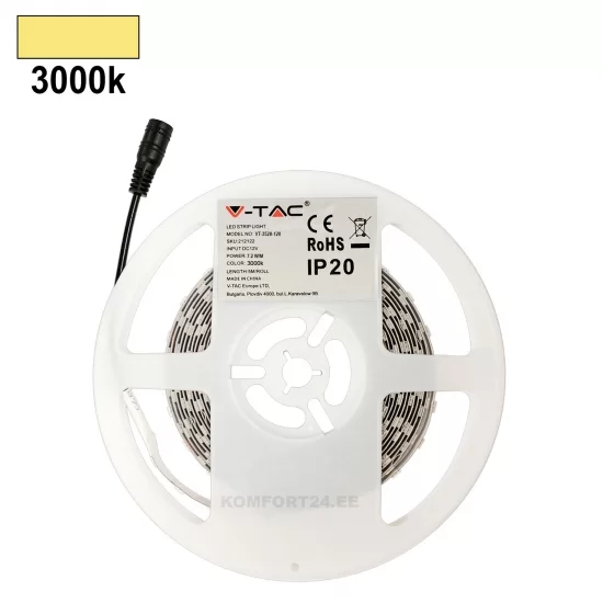 LED riba. 5m 7.2w/m 3000k (soe valge)